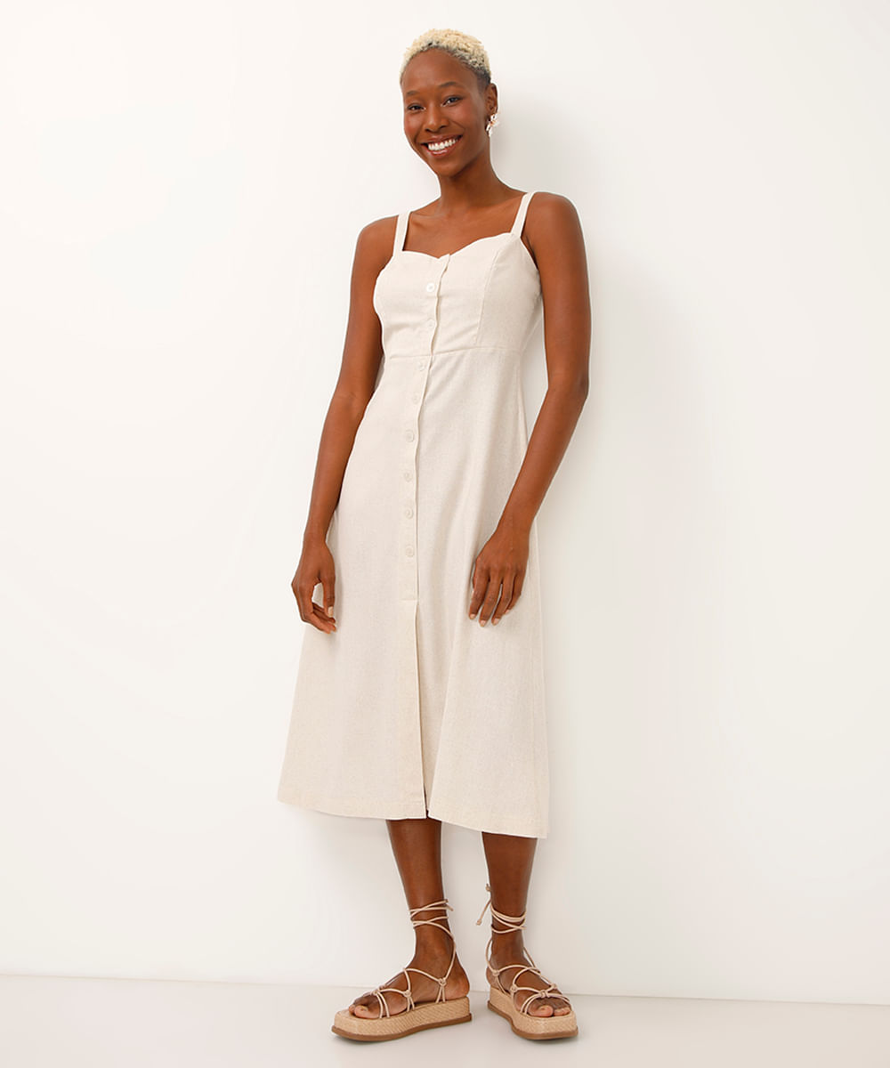 vestido midi com linho botões bege