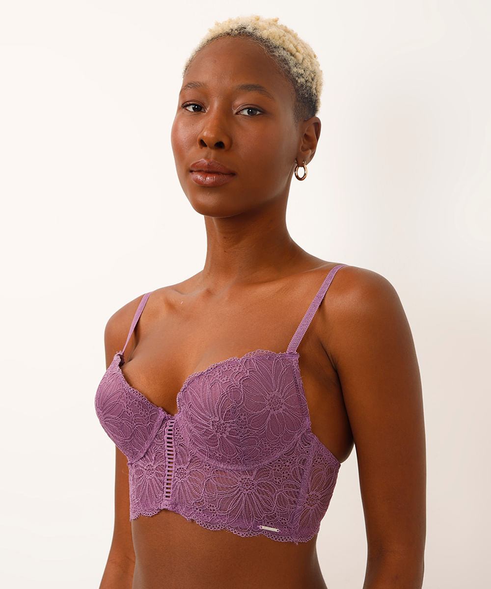 sutiã cropped meia taça de renda com bojo floral roxo