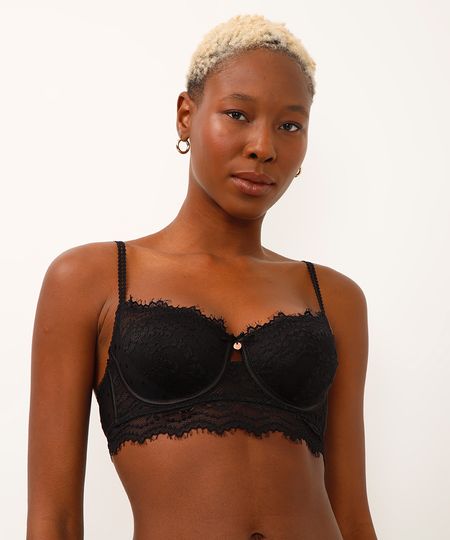 sutiã meia taça de renda com bojo e aro floral preto 40