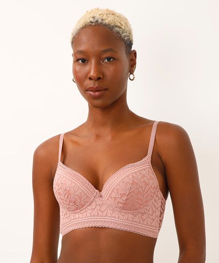 sutiã meia taça alongado de renda floral rosa 44