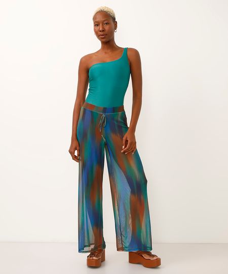 calça saída de praia tule com fenda azul PP