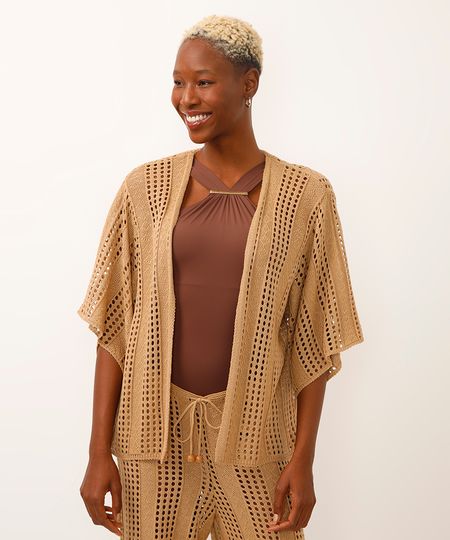 kimono saída de praia de tricot manga curta bege GG