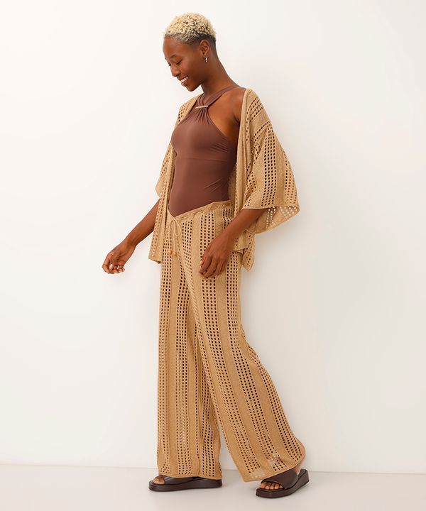 calça saída de praia reta de tricot com cordão bege GG