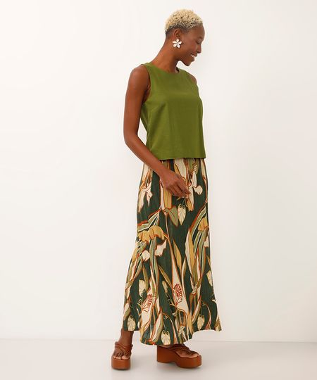saia midi plissada folhagem e arabesco verde P