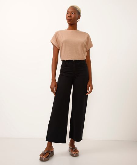 calça wide leg de sarja cintura alta preta 42