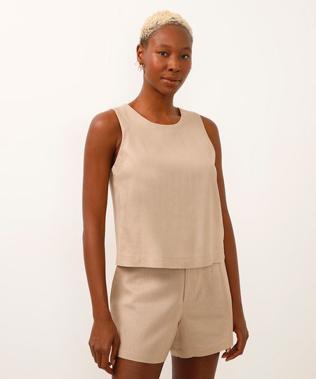 regata com linho recorte nas costas bege P regata com linho recorte nas costas bege P