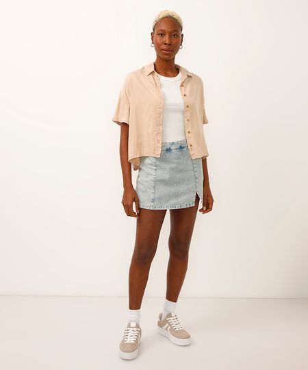 short saia jeans cintura alta com fenda azul 36