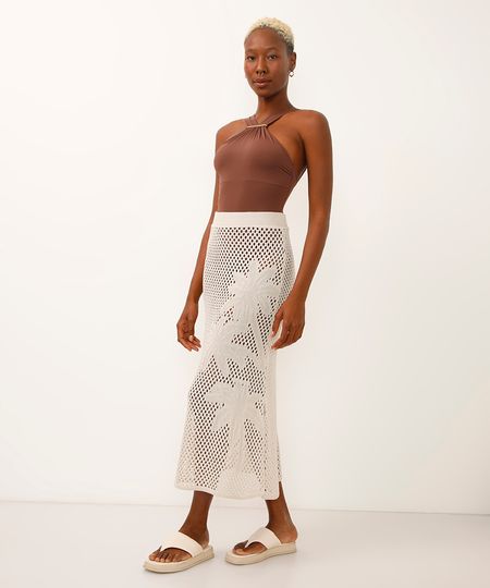 saia midi saída de praia de tricot coqueiro bege P saia midi saída de praia de tricot coqueiro bege P