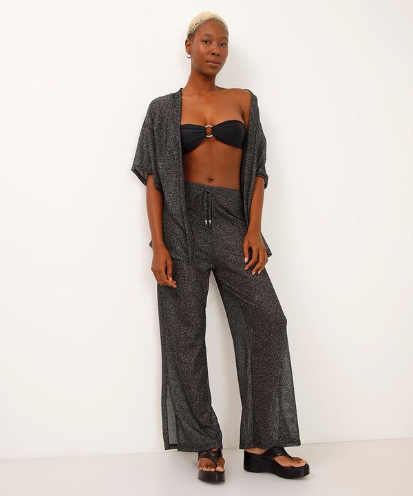 calça saída de praia de tela lurex preta PP
