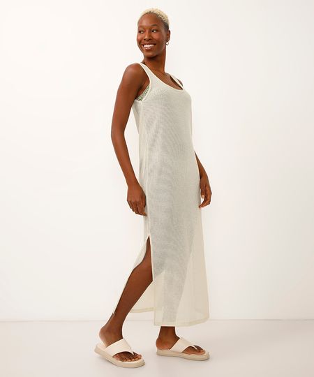 vestido regata saída de praia de tela com lurex bege P vestido regata saída de praia de tela com lurex bege P