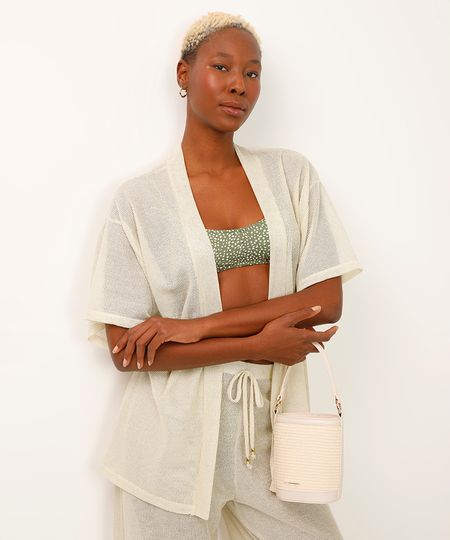 kimono saída de praia de tela com lurex bege UNICO kimono saída de praia de tela com lurex bege UNICO