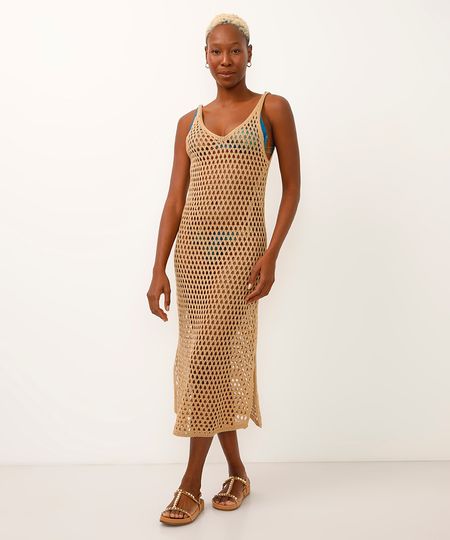 vestido regata saída de praia de tricot com lurex bege M