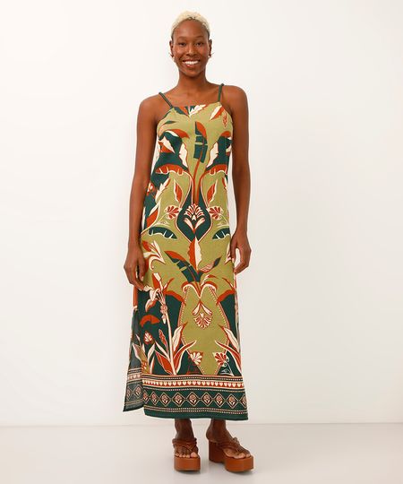 vestido midi alça fina folhagem e arabesco verde PP