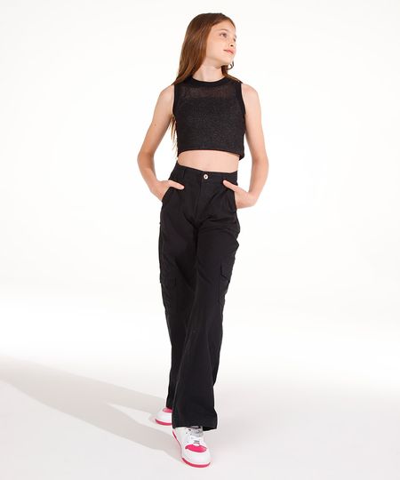 calça wide leg cargo de sarja juvenil  preto 14 calça wide leg cargo de sarja juvenil  preto 14
