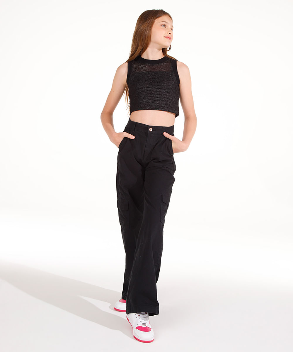 calça wide leg cargo de sarja juvenil preto