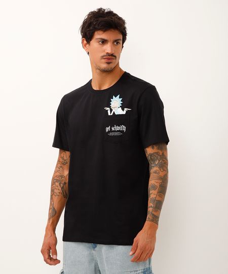 camiseta de algodão rick and morty com bolso preto PP camiseta de algodão rick and morty com bolso preto PP