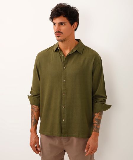 camisa com linho manga longa verde PP