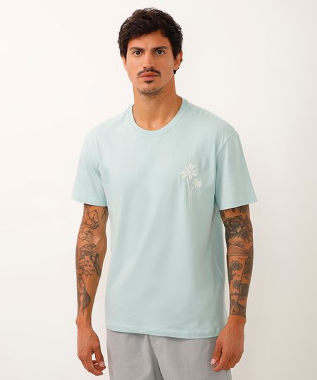 camiseta de algodão coqueiro bordado azul PP