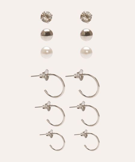 kit de 6 brincos com argola e pérola prateado Único