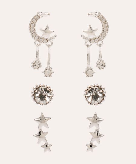 kit de 3 brincos com strass e pingente de luz e estrelas prateado Único