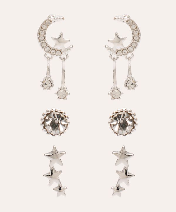 kit de 3 brincos com strass e pingente de luz e estrelas prateado Único
