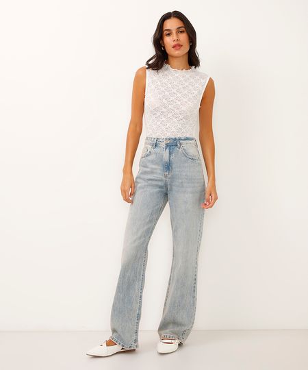 calça wide leg slim jeans cintura alta azul 38