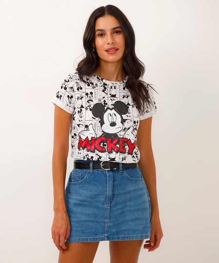Blusa Feminina Mickey Estampada Manga Curta Decote Redondo Off White PP Blusa Feminina Mickey Estampada Manga Curta Decote Redondo Off White PP