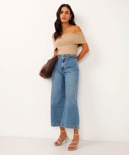 calça wide leg cropped jeans cintura alta com cinto azul 36