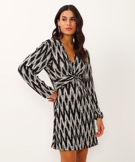 vestido curto decote v manga bufante geométrico preto PP