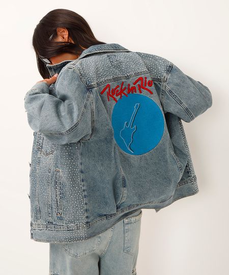 jaqueta jeans com brilhos rock in rio azul M