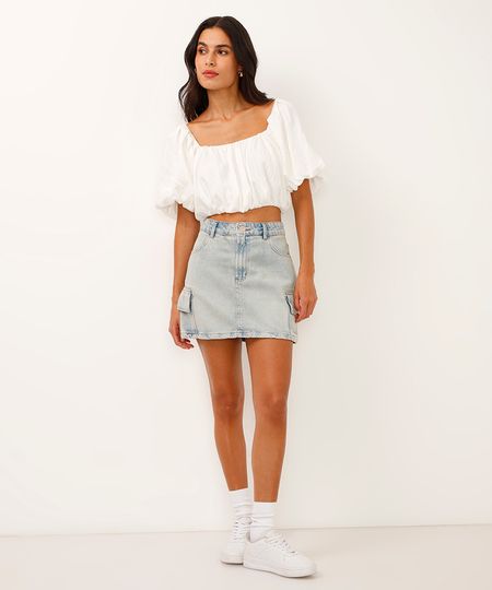 saia curta jeans cintura média bolso cargo azul 40 saia curta jeans cintura média bolso cargo azul 40