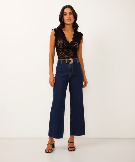 calça wide leg cropped jeans cintura alta sawary azul 36