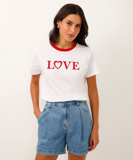 camiseta de algodão manga curta bicolor love off white P