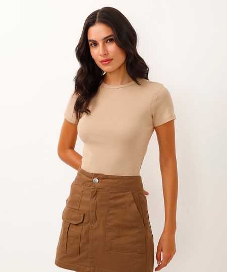 blusa baby look manga curta canelada bege PP