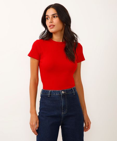 blusa baby look manga curta canelada vermelho PP