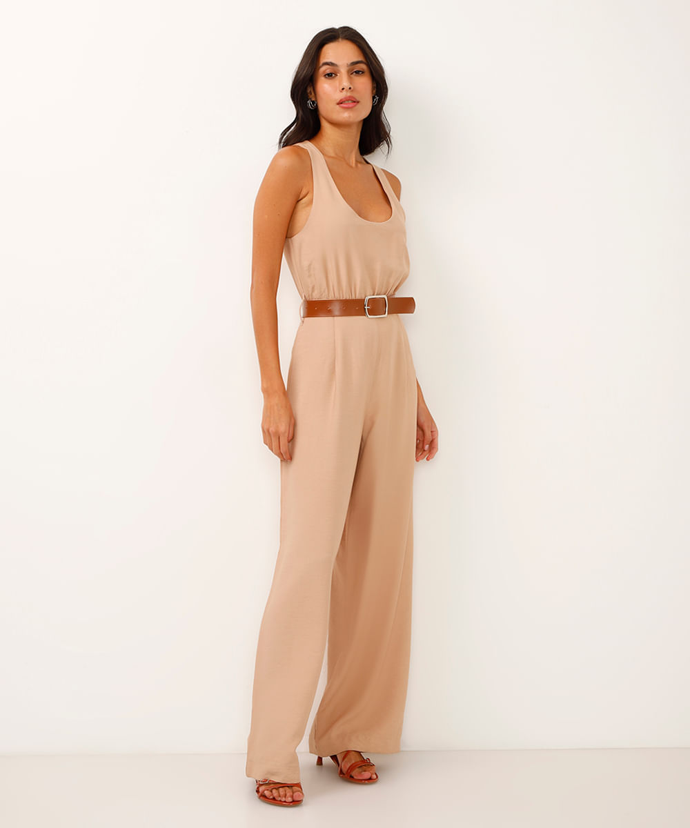 macacão wide leg de viscose com cinto bege