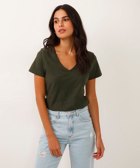 camiseta de algodão peruano decote v verde PP