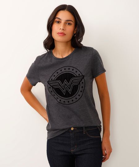 Blusa Feminina Mulher Maravilha Manga Curta Decote Redondo Chumbo PP