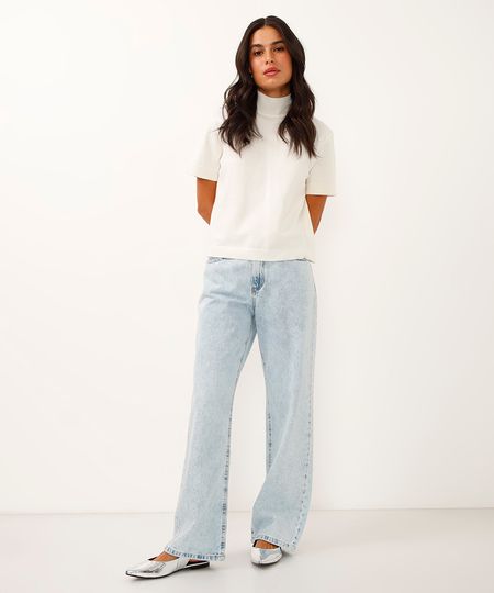 calça wide leg slim jeans brilhos cintura média azul 34