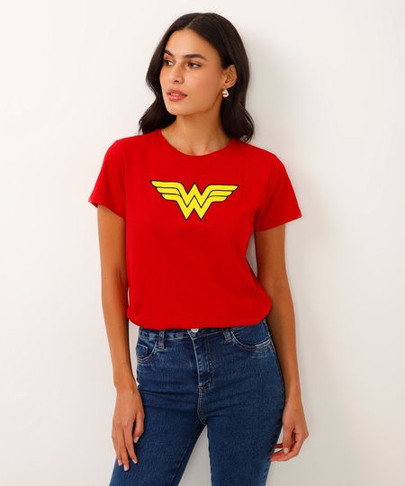 Blusa Feminina Mulher Maravilha Manga Curta Decote Redondo Vermelha PP Blusa Feminina Mulher Maravilha Manga Curta Decote Redondo Vermelha PP