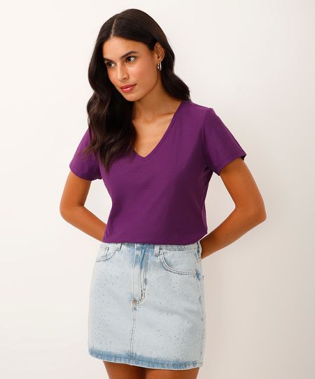 camiseta de algodão peruano decote v - roxo escuro PP
