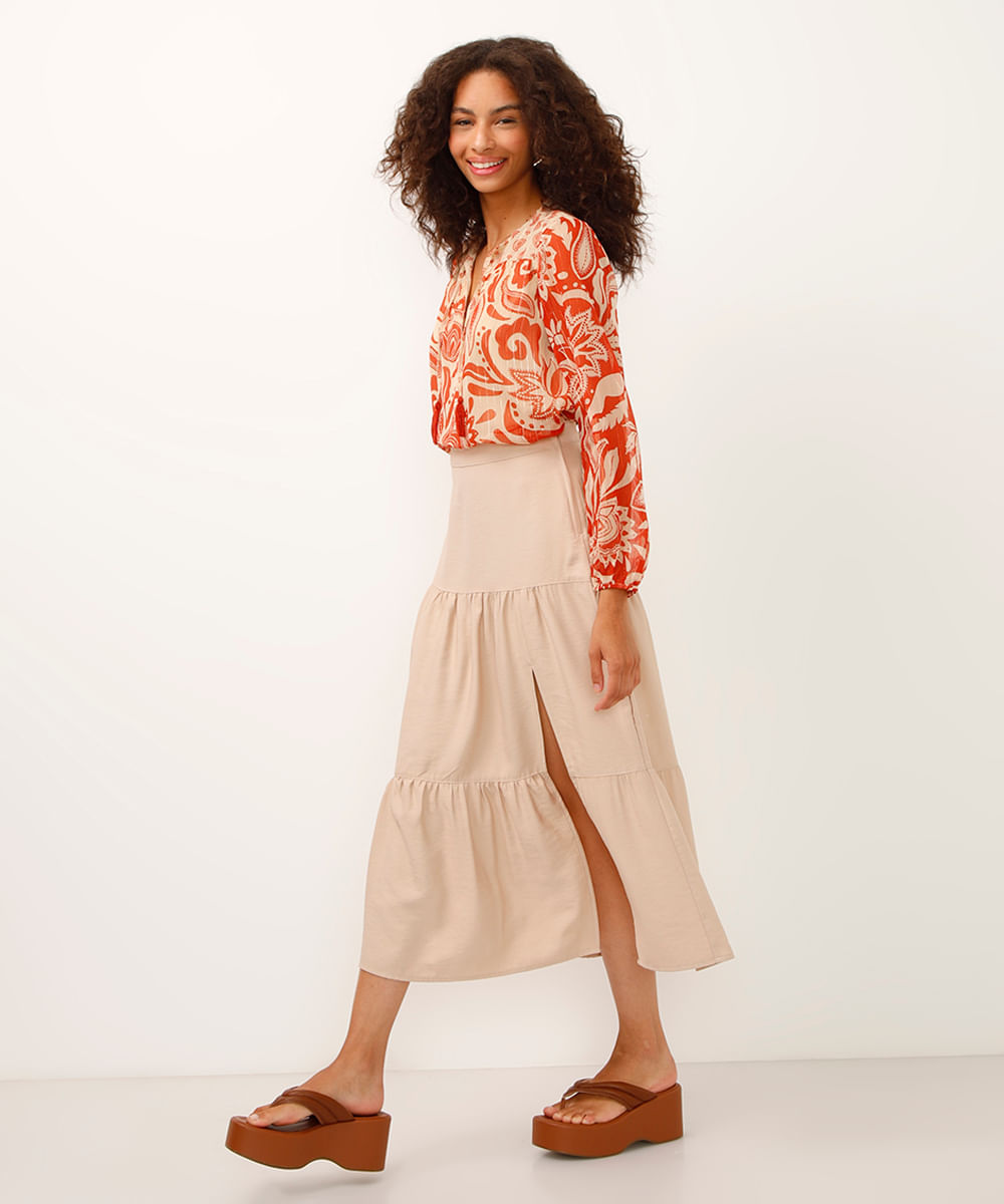 saia midi de viscose com fenda bege