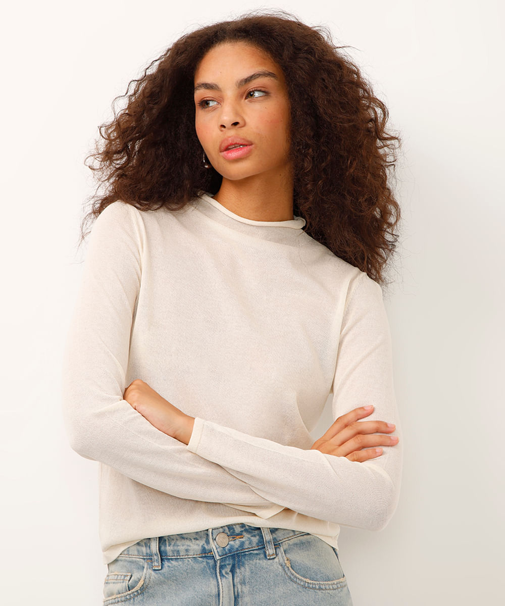 blusa de tricot gola alta manga longa off white