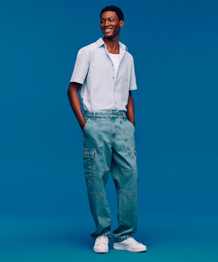 calça skater jeans bolso cargo azul 48 calça skater jeans bolso cargo azul 48