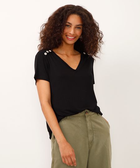 camiseta de viscose decote v com botões preta PP