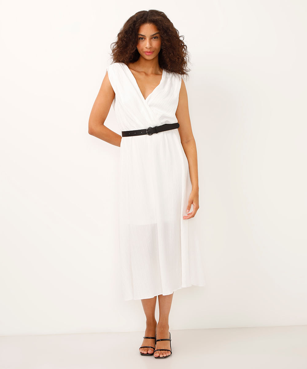 vestido midi decote v texturizado com cinto off white