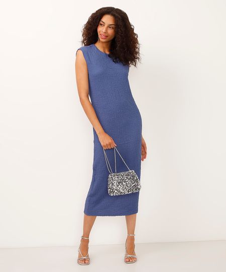 vestido midi decote redondo texturizado azul P vestido midi decote redondo texturizado azul P