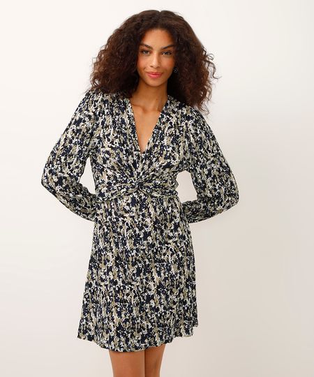 vestido curto decote v manga bufante texturizado azul PP vestido curto decote v manga bufante texturizado azul PP