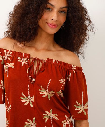 bata ombro a ombro de viscose folhagem laranja P bata ombro a ombro de viscose folhagem laranja P