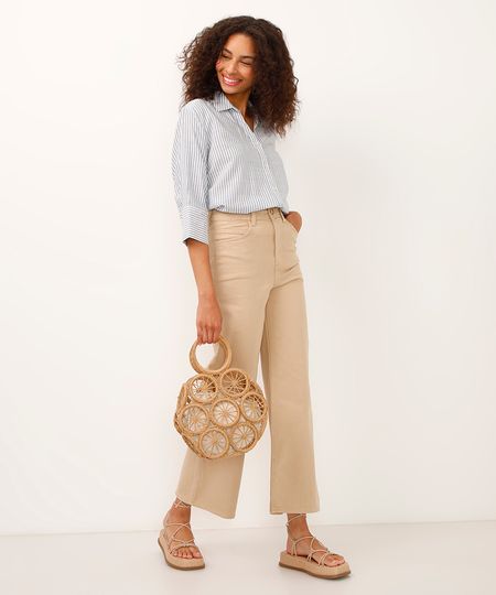 calça wide leg cropped de sarja cintura alta bege 34